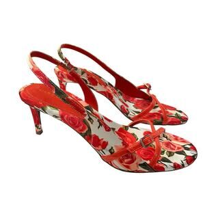 Marc Fisher Feren Floral Kitten Heels 7.5M Open Toe Strappy White Red Coquette